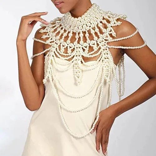 Vista 3 de YWCUTE Collar sexy trenzado con flecos de perlas y cadena de cuerpo de perlas de moda francesa multicapa, Beige