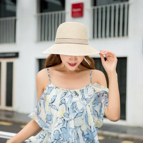 Vista 6 de Sombrero de paja de verano con protección UV, ala ancha, transpirable, visera de playa, sombreros para mujer Beige