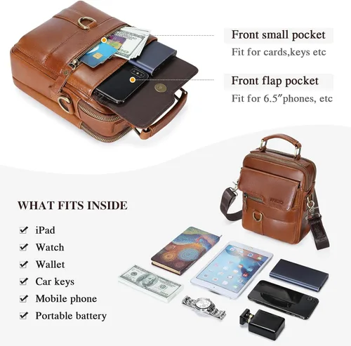 Vista 4 de BAIGIO Bolso bandolera de cuero genuino para hombre, bolso de mensajero pequeño para hombre, bolso de cuero para regalo de padre