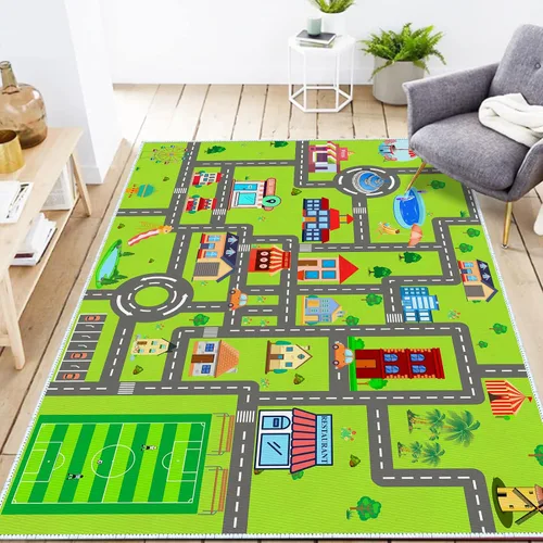 Vista 13 de Alfombra de coche para niños, 2 pies 7 pulgadas x 4 pies, alfombra de juego de tráfico urbano para autos de carreras y juguetes, divertida alfombra