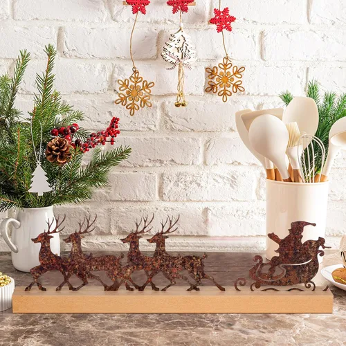 Vista 6 de Soaoo Decoraciones de mesa de Navidad, decoración de trineo de Papá Noel de metal con base de madera, decoraciones rústicas de fiesta de Navidad