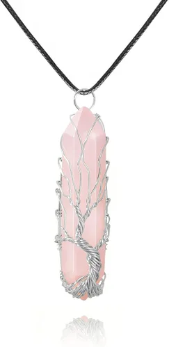 Vista 14 de VIBILIA - Collar con dije sanador para mujeres y hombres, piedra natural hexagonal en punta envuelta con alambre en forma del árbol de la vida
