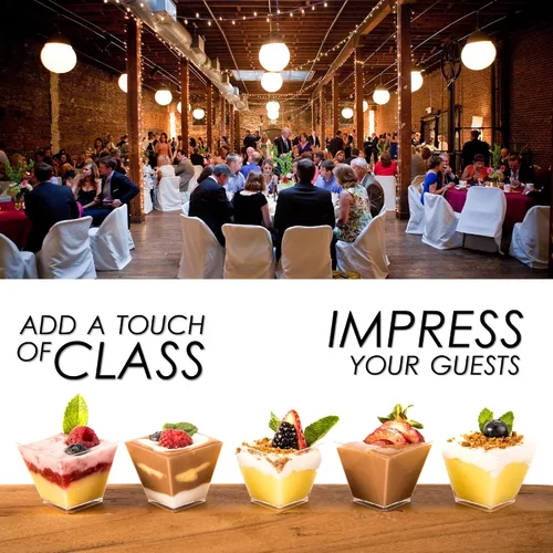 Vista 5 de DLux 100 x 2oz Tazas Cuadradas Mini de Postre con Cucharas y Tapas, Taza de Plástico Transparente para Aperitivos Parfait - Pequeño Cuenco