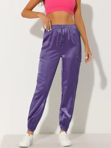 Vista 2 de Allegra K Pantalones deportivos de satén con cordón elástico de cintura alta y satén sedoso para mujer