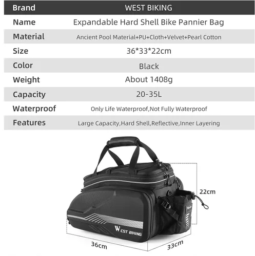 Vista 8 de Bolsas para bicicletas impermeables para el portaequipajes trasero Bolsa de alforjas de gran capacidad de 35L con fondo extra acolchado de espuma