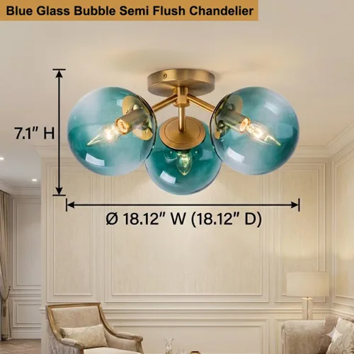 Vista 3 de Candelabros Sputnik dorados con globo de vidrio azul, lámpara de techo empotrada con 3 luces de acento de flor de mediados de siglo, candelabros