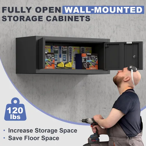 Vista 4 de Armarios de almacenamiento negros montados en la pared, gabinete superior de 12.8 pulgadas de alto para el hogar, gabinetes de metal con puertas