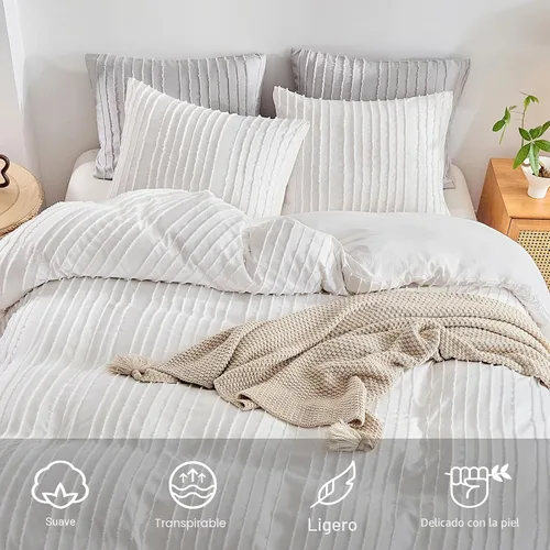 Vista 3 de WARMDERN Juego de funda de edredón bohemia blanca tamaño Queen, juego de Blanco
