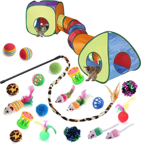 Vista 7 de GONPET - Juego para gatos de interior: 23 piezas de juguetes para gatitos, incluye túnel plegable para mascotas, varita interactiva para gatos