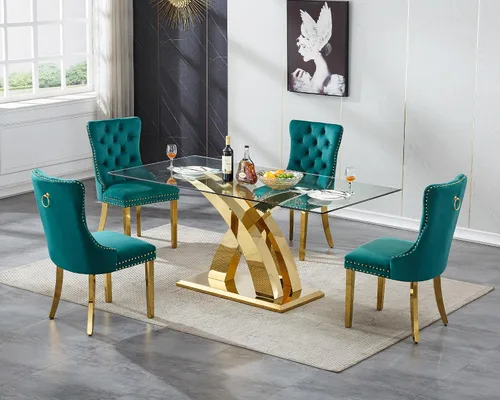 Vista 44 de Juego de mesa de comedor de cristal plateado moderno de 70 pulgadas para 4, juego de mesa de comedor rectangular de 5 piezas con patas de acero