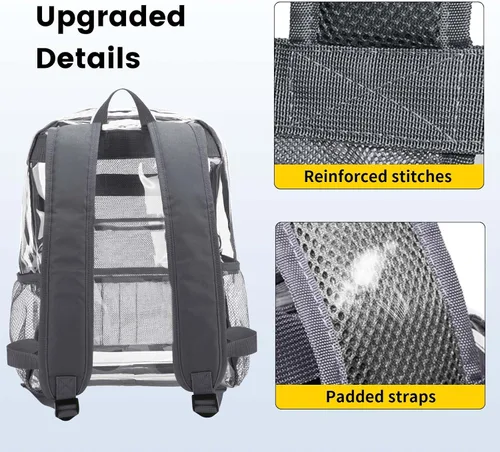 Vista 4 de Vorspack Mochila transparente resistente - Mochila transparente de PVC grande para libros para trabajo universitario, Gris, Transparente