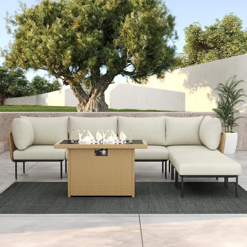 Vista 59 de LayinSun Juego de muebles de patio de aluminio de 7 piezas, sofá modular moderno con mesa auxiliar y cojín de grosor mejorado Gris claro
