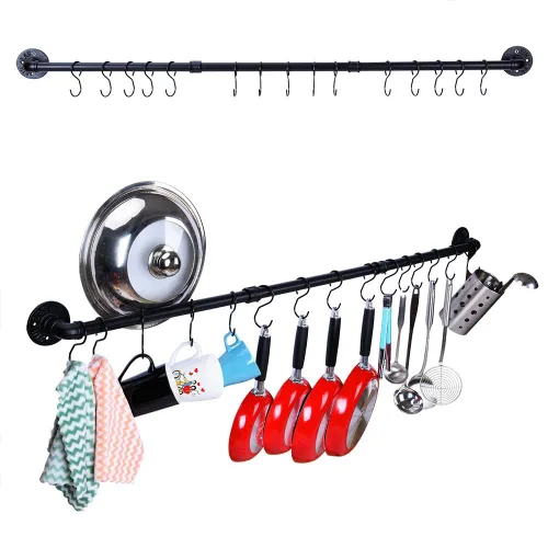 Vista 7 de WuGeShop Estante colgante para ollas de 38 pulgadas, montado en la pared con 10 ganchos en S, tapas de cocina, espátula para utensilios, organizador