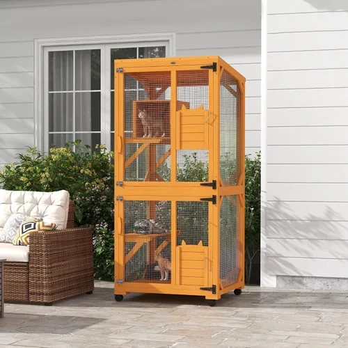 Vista 2 de Casa grande para gatos con caja de descanso alta, catio de madera de 71 pulgadas con techo de asfalto, recinto para gatos en interiores y exteriores
