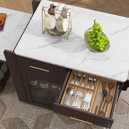 Vista 5 de HLR Isla de cocina extensible de 72 pulgadas con almacenamiento, mesa de isla con ruedas con encimera de grano de mármol y toma de corriente Marrón