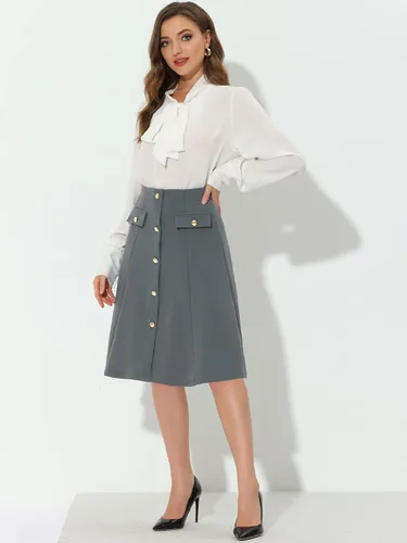 Vista 2 de Allegra K Falda formal hasta la rodilla con botones frontales para mujer