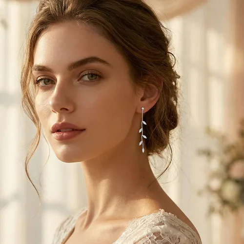 Vista 3 de SLUYNZ Solid 925 Sterling Silver CZ Droplet Dangle Earrings Chain for Women Teens Dainty Olive Leaf Dangling Earrings Elegant Wedding Bridal plata