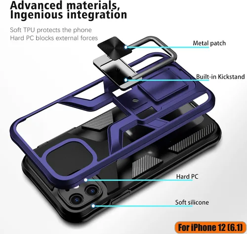 Vista 3 de Funda compatible con iPhone 12 resistente de grado militar a prueba de golpes, doble protección (TPU+PC), funda magnética sólida y duradera para Azul