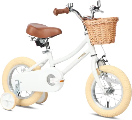 Vista 23 de Petimini Vintage Kids Bike for Girls, 12–20 Inch Classic Bicycle with Wicker Basket & Bell, High Tensile Steel Frame, Training Wheels (12–18”), 85%