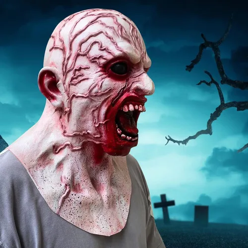 Vista 4 de Bagmrteho Máscara de Halloween para hombre cicatriz, máscara de zombi aterrador, disfraz de cosplay, accesorios de fiesta para adultos