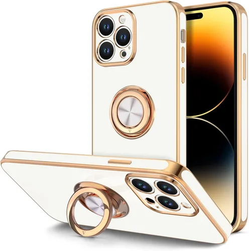 Vista 12 de Hython - Funda para iPhone 14 Pro con soporte de anillo [soporte magnético de anillo giratorio de 360°] [soporte para montaje en coche] Borde dorado