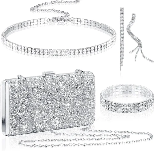 Vista 8 de Kigeli 4 piezas de diamantes de imitación para mujer, bolsa de embrague de noche, collar y pulsera para boda formal