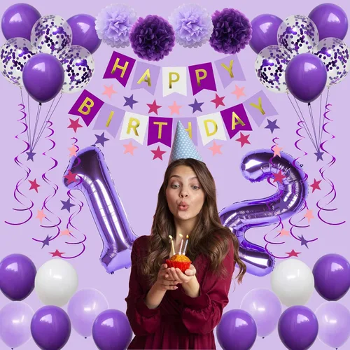Vista 3 de Decoraciones de cumpleaños número 12 para niñas, globos morados de feliz cumpleaños, pancarta, globos de números, serpentinas de estrellas
