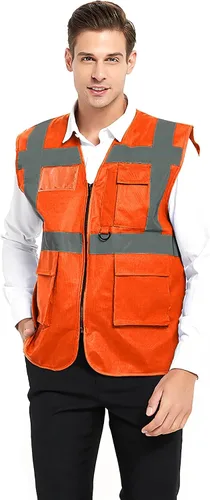 Vista 9 de TOPTIE Chaleco de seguridad de alta visibilidad de 5 bolsillos con tiras reflectantes, chaleco de uniforme de trabajo