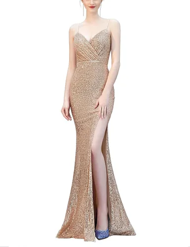 Vista 3 de A ARFAR Vestido de fiesta para mujer, con tirantes esfagetti, vestido de fiesta de lentejuelas, sexy, con cuello en V, formal, vestido largo