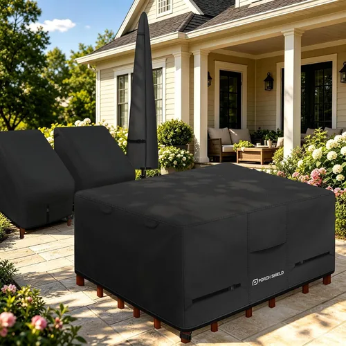 Vista 7 de Cubierta de mesa de patio Porch Shield - Funda impermeable para juego de mesa y sillas de comedor al aire libre cuadrada - 55 x 55 pulgadas, negra