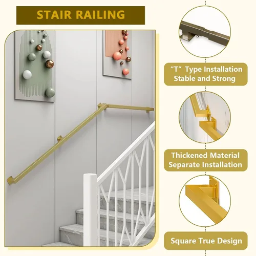 Vista 3 de Barandillas doradas para escaleras, barandillas modernas con soportes de hierro forjado y tornillos de metal, barra de seguridad para interiores