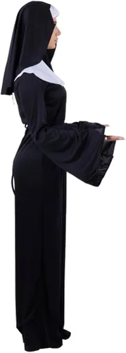 Vista 4 de Disfraz de monja para adultos, bata negra con velo, cuello y cinturón para Halloween