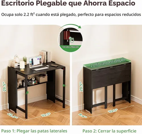 Vista 2 de Escritorio plegable para espacios pequeños, escritorio plegable de bambú con almacenamiento, color negro