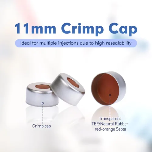 Vista 3 de ALWSCI Viales de muestreo automático de 0.1 fl oz, viales de cuello de crimpado ámbar ND11, vial GC HPLC de apertura ancha con graduación, sellos