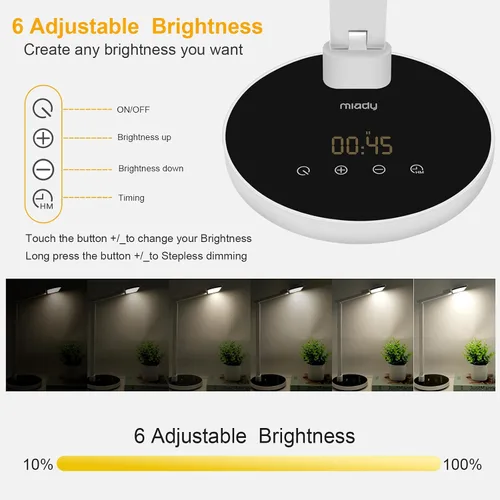 Vista 2 de Lámpara de escritorio LED Miady con atenuación continua para oficina y hogar, temporizador de apagado automático de 15/30/45 minutos, 6 niveles