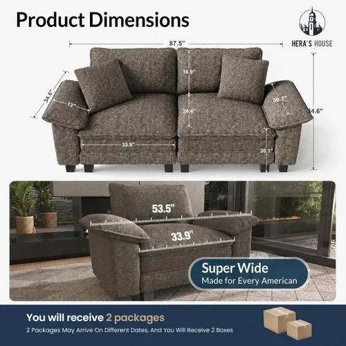 Vista 3 de HERA'S HOUSE Sofá Seccional Modular de 88", Sofás Loveseat para Sala de Estar, Cómodo Sofá Nube de 2 Asientos con Asiento Profundo con Almohada