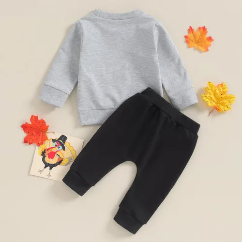 Vista 4 de Wrrkayly Traje de Acción de Gracias para bebé niño pequeño, sudadera de manga larga con cuello redondo y estampado de pavo, pantalones deportivos