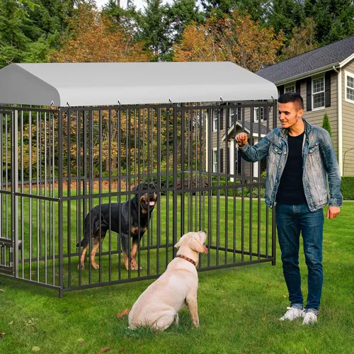 Vista 6 de GarveeTech Jaula para perros de 8 x 4 x 6 pies, jaula de metal resistente con cubierta superior impermeable, cuenco de alimentación giratorio