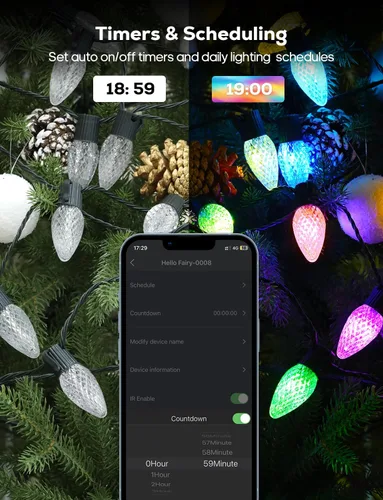 Vista 5 de Luces de Navidad Inteligentes, C9 RGB de 66 pies, 100 luces LED de fresa conectables, control remoto de aplicación, sincronización de música, luz