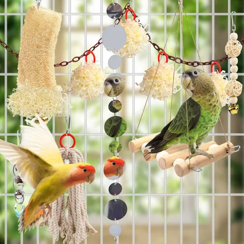 Vista 3 de QUOZUO 9 piezas de juguetes de loro, periquito para pájaros, accesorios para jaula de pájaros, cuerda de columpio, perca de madera, juguetes