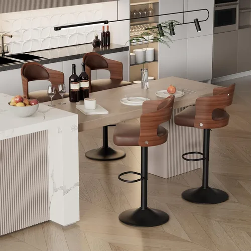 Vista 12 de Juego de 2 taburetes de bar giratorios, taburetes de bar de madera tapizados en cuero PU con respaldo y reposapiés, asiento de altura ajustable