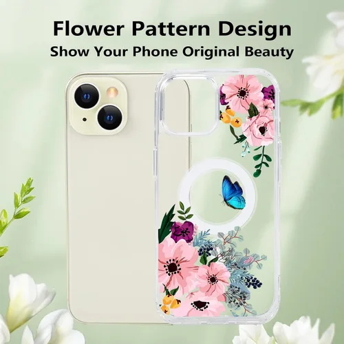 Vista 3 de Funda magnética de flores para iPhone 15 [compatible con MagSafe] Bonito patrón floral transparente a prueba de golpes