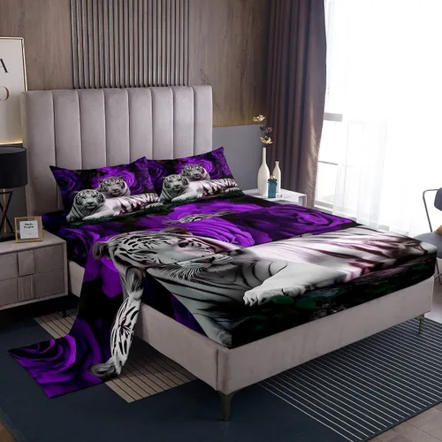 Vista 12 de Erosebridal Sábanas de cama de guepardo con rosa roja, juego de sábanas de bolsillo profundo con estampado de leopardo y gato, sábana bajera