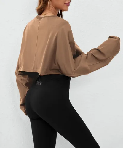 Vista 5 de SAFRISIOR Camiseta corta de manga larga de gran tamaño para mujer, cuello redondo, hombros caídos, camiseta corta casual para entrenamiento