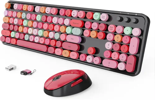 Vista 15 de SkyGive - Combo de teclado y mouse inalámbricos, teclado ergonómico de tamaño completo con diseño retro tipo máquina de escribir, con teclas