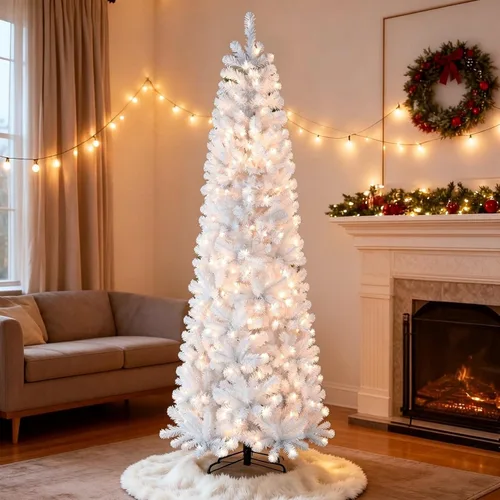 Vista 21 de Árbol de Navidad artificial de 5 pies con lápiz, para el hogar, oficina, decoración de vacaciones, árbol flocado blanco para espacios pequeños