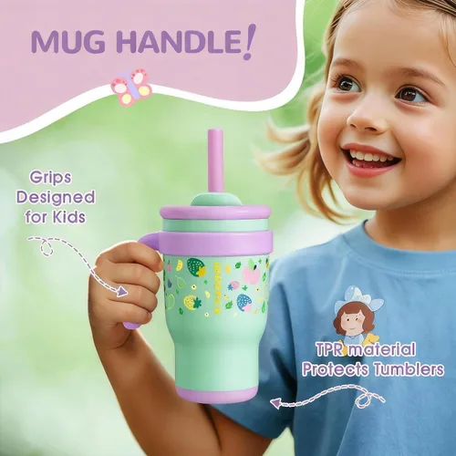 Vista 3 de KXIAOCHEN Vaso para niños de 14 onzas con asa para evitar derrames, vaso aislado reutilizable de acero inoxidable para niños pequeños, mantiene