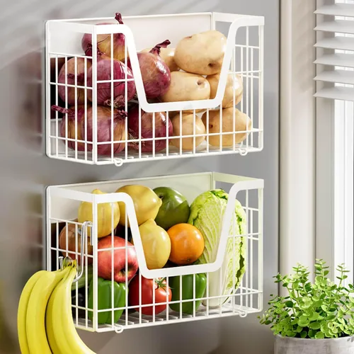 Vista 12 de 2 Juego de Estante Magnético para Nevera, Recipientes Magnéticos para Almacenamiento de Papas y Cebollas, Cesta Magnética para Frutas para Nevera