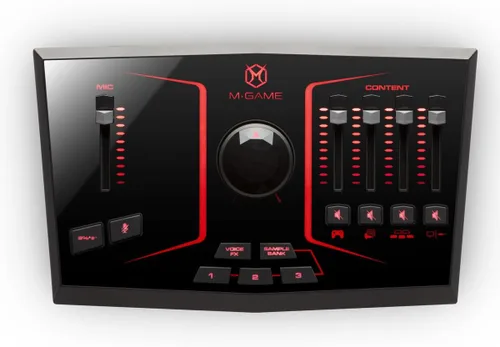Vista 9 de M-GAME Mezclador de interfaz de audio USB Solo para transmisión y juegos con micrófono XLR, entrada óptica, Voice FX, muestreador, luces y software