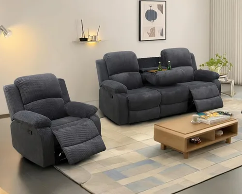 Vista 8 de Juego de sofá reclinable manual para sala de estar, juego de muebles de 3 piezas, sofá reclinable de tela Courduroy y dos sillas con mesa Azul